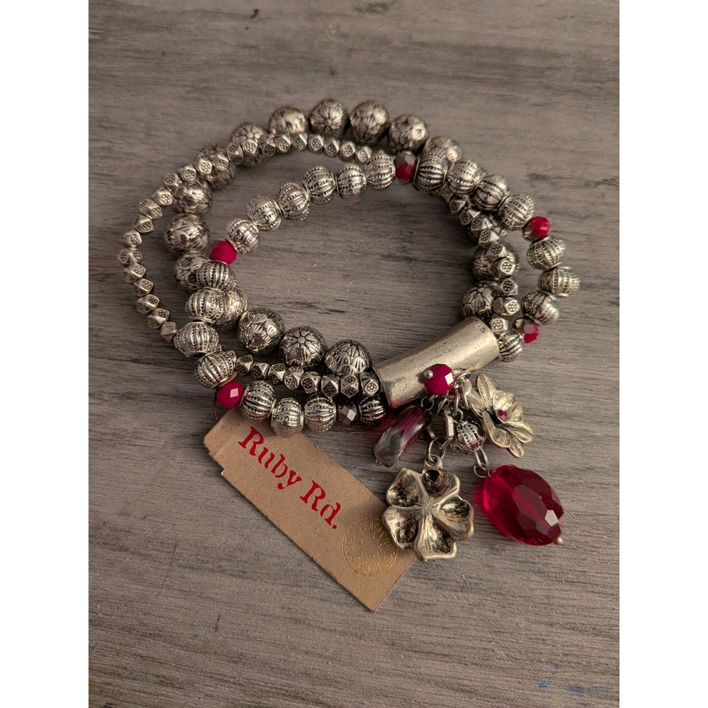 Ruby Rd Silver Tone Red Beaded Stretch Bracelet Set Floral Charms NWT
